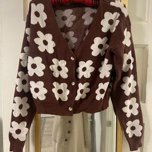 F21 espresso brown and white floral v-neck cardigan